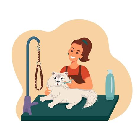 Grooming For Pets Girl Shears A Dog Vector Illustration In Flat Style