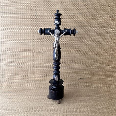 Antique Standing Cross Jesus Inri Wooden Black Crucifix With A Silver