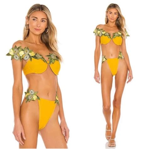 Andrea Iyamah Swim Andrea Lyamah Mona Lemon Floral Embroidered Yellow Bikini Swim Set Size