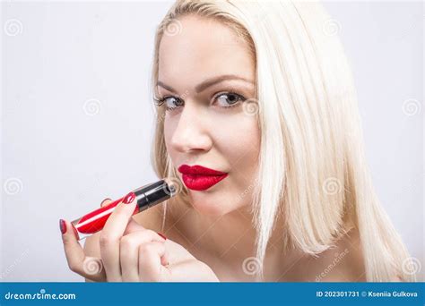 Portrait Of Beautiful Woman A Blonde With Red Lipstick Stock Image