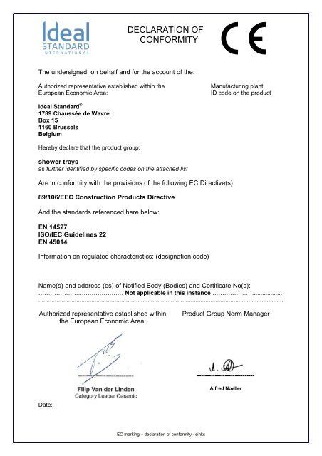 Ec Declaration Of Conformity Showertrays Uk Ideal Standard