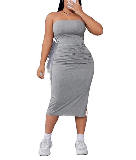 Casual Plain Bodycon Strapless Light Grey Plus Size Dresses