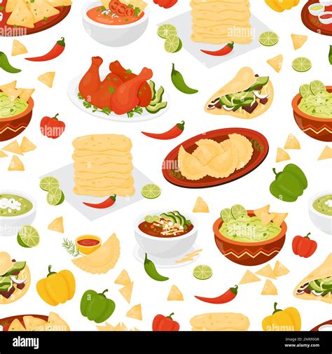 Seamless Pattern With Mexican Traditional Food Taco Quesadilla