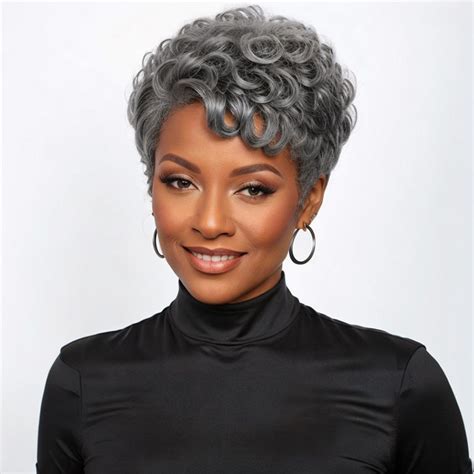 Salt And Pepper Short Pixie Cut Glueless Wig With Bangs 100 Human Hai