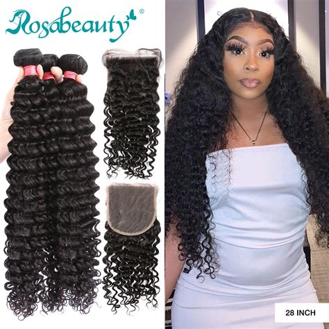 Rosabeauty Inch Deep Wave Bundles With Closure Peruvian Remy