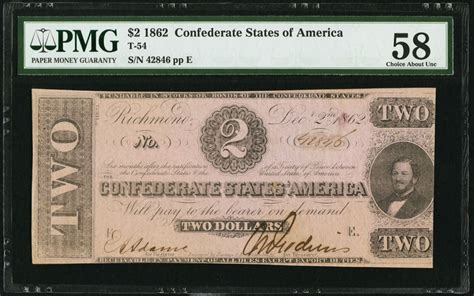 1862 2 Two Dollars Confederate States Of America Richmond Csa Bank Note T 54 Pmg 58