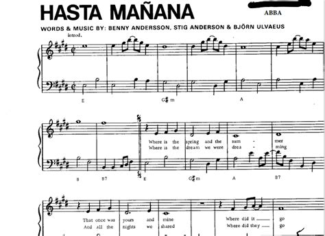 ABBA - Hasta Mañana Free Sheet Music PDF for Piano | The Piano Notes