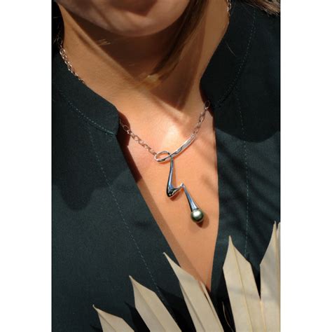 Collier Perle De Tahiti En Argent Et Design Graphique Ondul Iza B