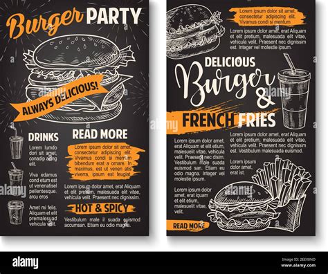 Fast Food Burgers Sketch Posters For Fastfood Restaurant Menu Vector Cheeseburger Or Hamburger