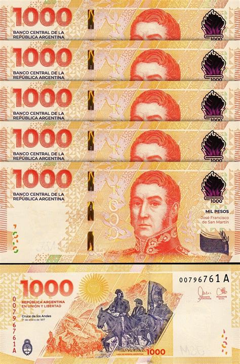 Argentina 1000 Pesos 2023, UNC, 5 Pcs LOT, Consecutive, P-NEW DESIGN ...