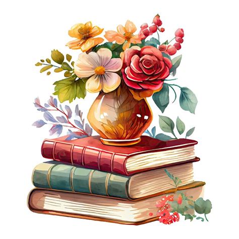 Premium Ai Image Watercolor Stack Of Books With A Flower Vase