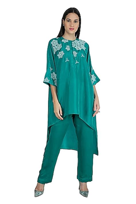 Buy Green Silk Round Embroidered Kaftan Pant Set For Women By