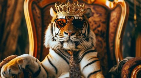 Premium Photo Tiger Wearing Tie With Crown And Sunglasses Sitting On A Throne King Tiger Crown