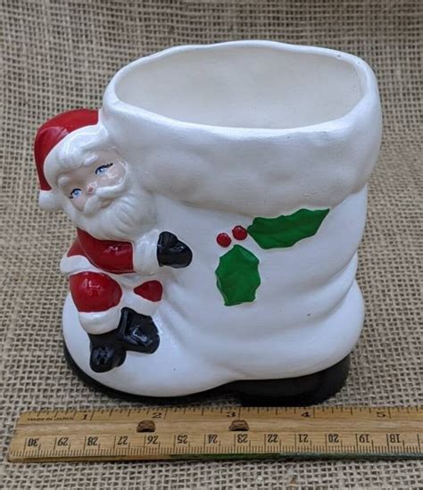 Santa Boot Planter White Ceramic Santa Boot With Santa Claus Etsy