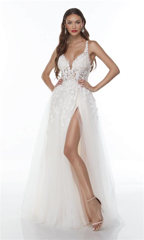 Formal Dress 61110 Long Sexy White Dress Plunging Neckline High Low Alyce Paris