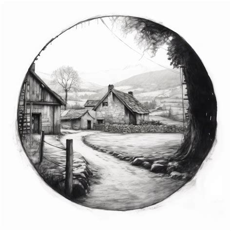 Premium Ai Image Country Road Art Round Landscape Charcoal Hand Drawn