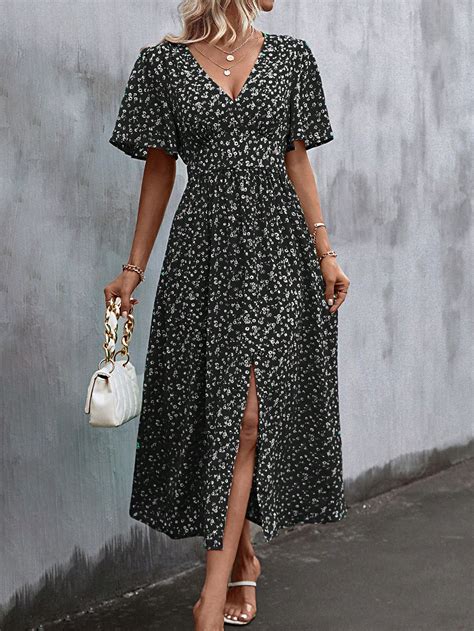 Shein Lune Ditsy Floral Print Butterfly Sleeve Split Thigh Dress Shein Usa