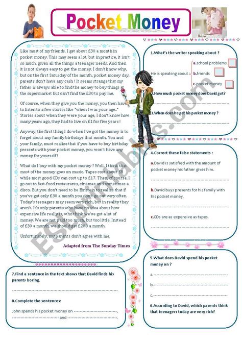 Pocket Money Esl Worksheet By Sarrah Mohammed Reading Comprehension