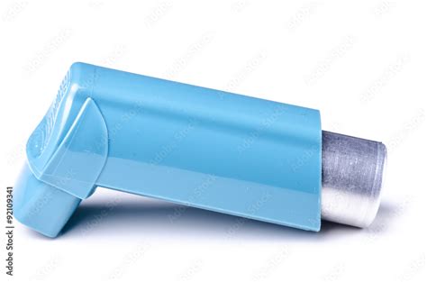 Blue asthma drug inhaler on white background studio shot Stock Photo | Adobe Stock