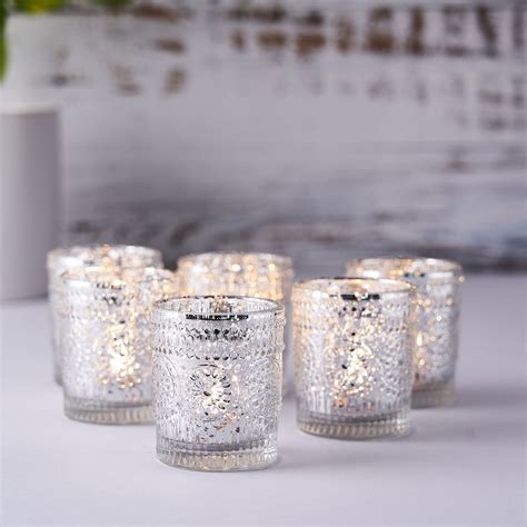 6 Pack Silver Mercury Glass Candle Holders Votive Tealight Holders With Primrose Design