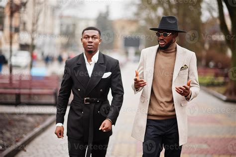 Two Fashion Black Men Walking On Street Fashionable Portrait Of