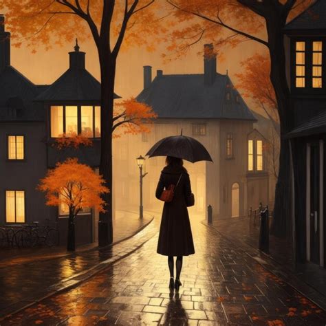 Premium Ai Image Woman With Umbrella Walking In The Misty Autumn Street