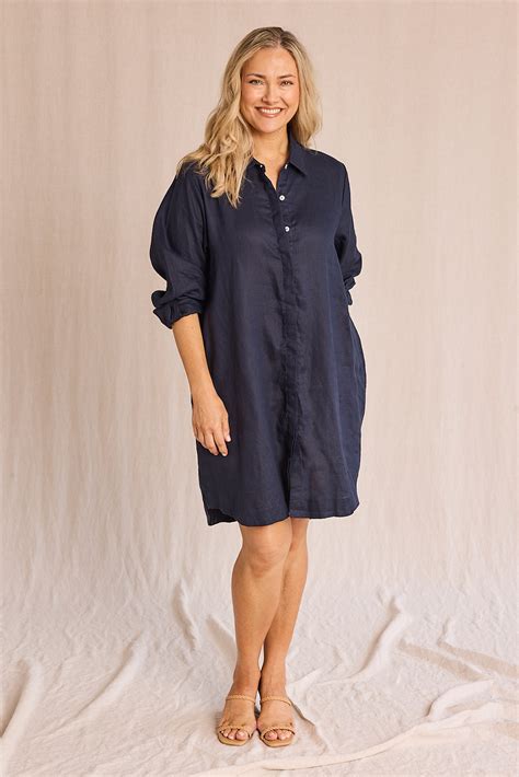 Adrift Signature Anouk Linen Shirt Dress In Navy Button Down Long