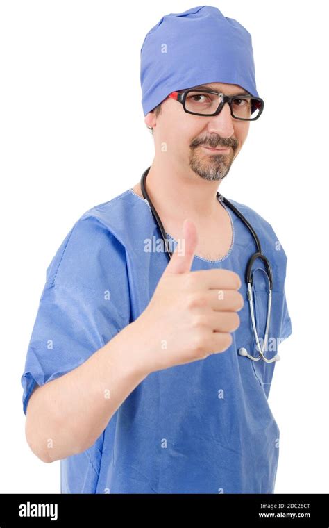 Happy Male Doctor Showing Thumbs Up Isolated Stock Photo Alamy