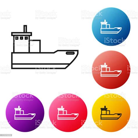 黑色線貨船圖示隔離在白色背景上設置圖示彩色圓圈按鈕向量插圖向量圖形及更多商務圖片 商務 外型 容器 Istock