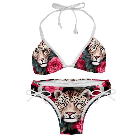 Rose Leopard Women S Detachable Sponge Adjustable Strap Bikini Set 2