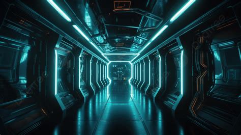 Futuristic Spaceship In Corridor With Glows And Futuristic Lights