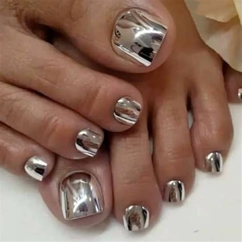 Hnapa Silver Chrome Square Press On Toenails Short Glossy Fake Toenails