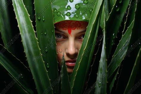 Mysterious Woman Peering Through Green Leaves With Dew Drops