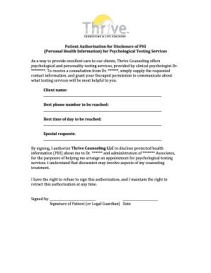 Fillable Online PHI Release Form For Psychological Testing Fax Email