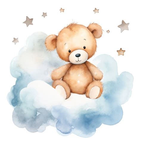 Acuarela Lindo Oso Infantil En La Nube Con Estrellas Stock De