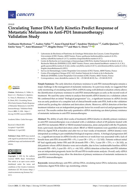 PDF Circulating Tumor DNA Early Kinetics Predict Response Of