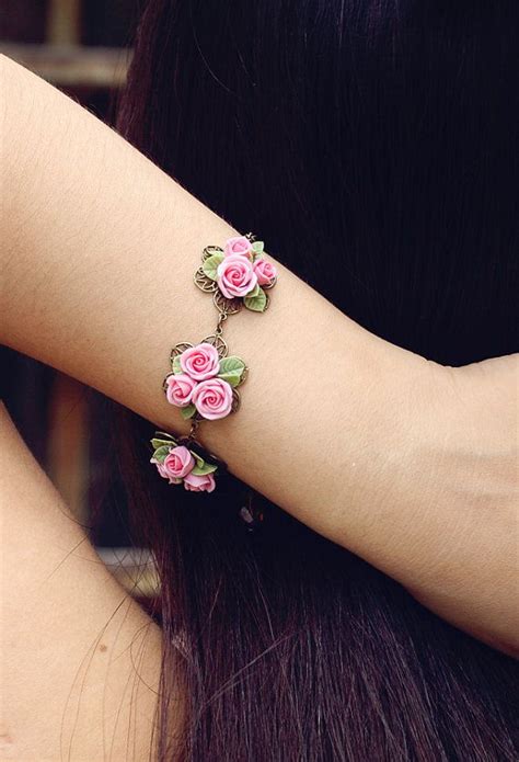 Pink Rose Bracelet Flowers Bracelet Vintage Bracelet Floral Polymer Clay Flower Jewelry