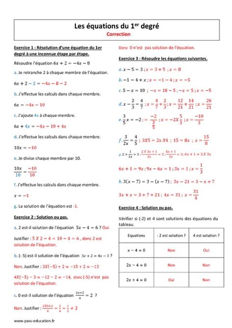 1er degré Equations 4ème Exercices à imprimer Pass Education