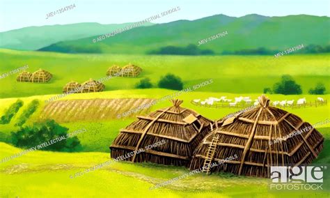 Prehistoric Kazakh farm scene, early agriculture, Kazakhstan, Stock ...