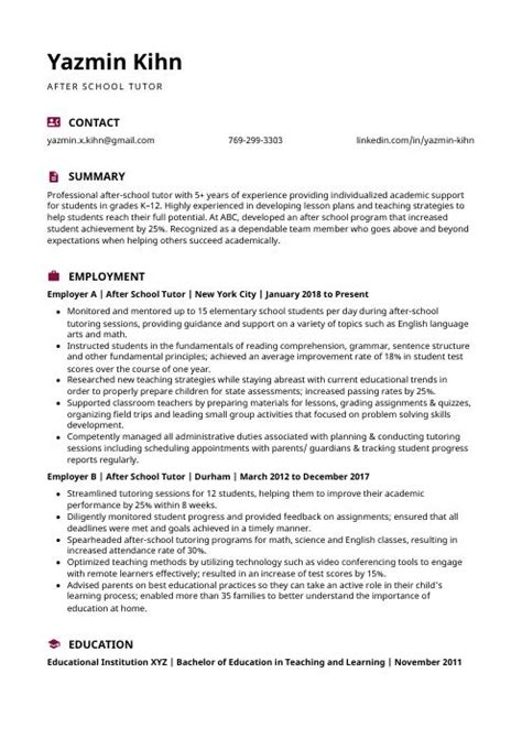 After School Tutor Resume Cv Example And Writing Guide