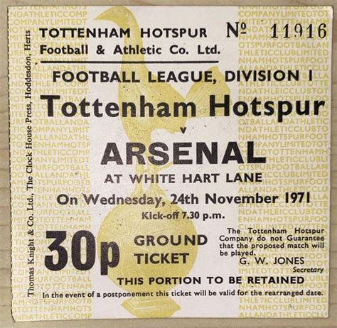 1971 72 Original Division One Ticket Tottenham Hotspur V Arsenal