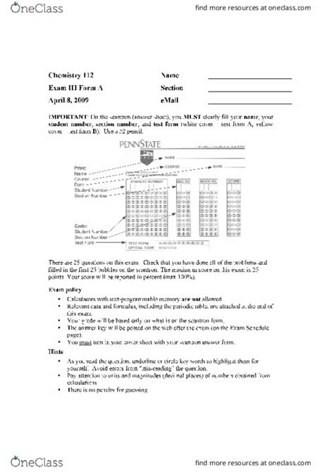 CHEM 112 Midterm CHEM 112 Exam 3 Form A OneClass