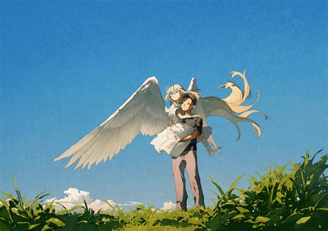 Wallpaper Clear Sky Anime Girls Anime Boys Angel Wings Blue Eyes Blonde Grass 1433x1013