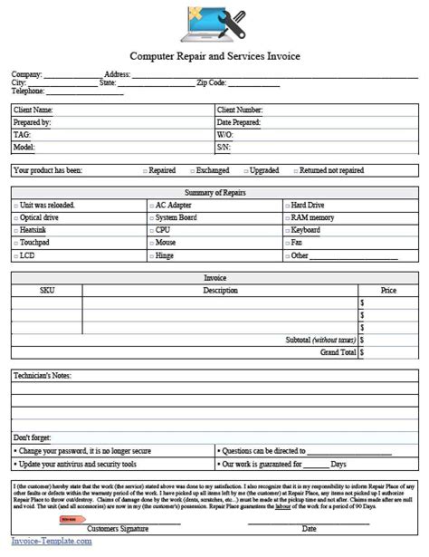 Computer Repair Service Invoice Template Cards Design Templates