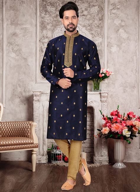 Buy Navy Blue Silk Dupion Embroidery Kurta Pyjama Party Wear Online At