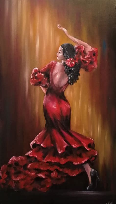 Sensual Flamenco Dancer Painting Red Flamenco Dress Artwork Vibrant Spanish Dance Hand Painted