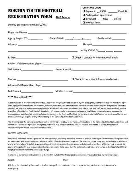 Norton Youth Football Registration Form printable pdf download