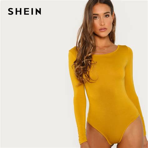 Shein Ginger Casual Scoop Back Scoop Neck Long Sleeve Solid Skinny Bodysuit 2018 Autumn Elegant