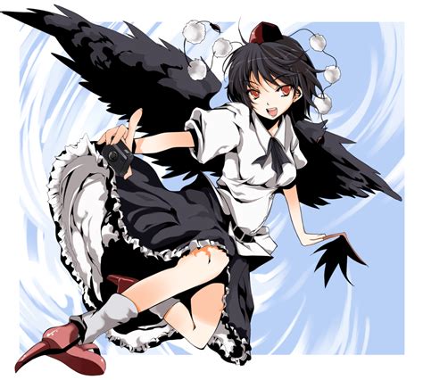 Safebooru Black Hair Black Wings Camera Fan Geta Hat Red Eyes