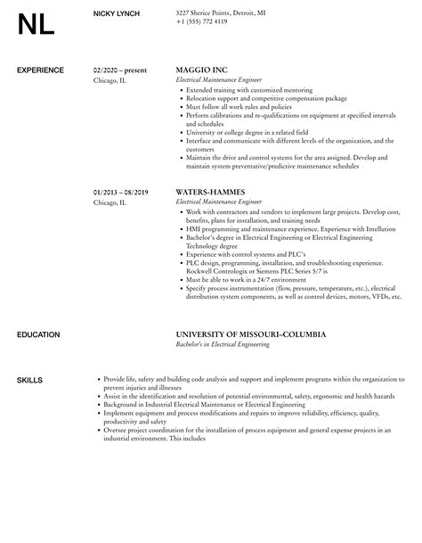Electrical Maintenance Engineer Resume Samples Velvet Jobs